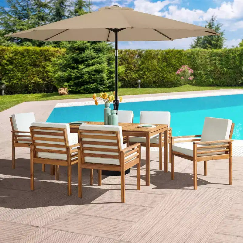 Set da pranzo da esterno Alaterre Furniture 8 pz, tavolo Okemo con ombrellone a inclinazione automatica da 3 m