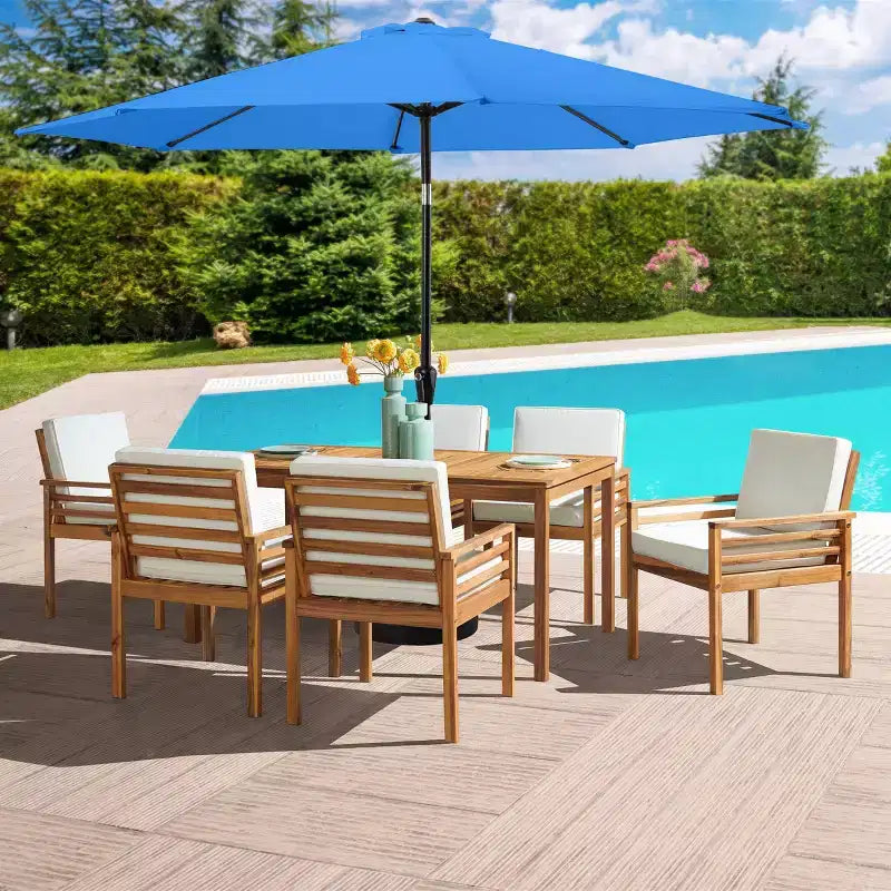 Set da pranzo da esterno Alaterre Furniture 8 pz, tavolo Okemo con ombrellone a inclinazione automatica da 3 m