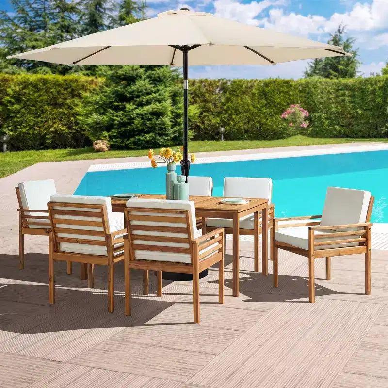 Set da pranzo da esterno Alaterre Furniture 8 pz, tavolo Okemo con ombrellone a inclinazione automatica da 3 m