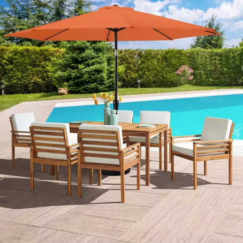 Set da pranzo da esterno Alaterre Furniture 8 pz, tavolo Okemo con ombrellone a inclinazione automatica da 3 m