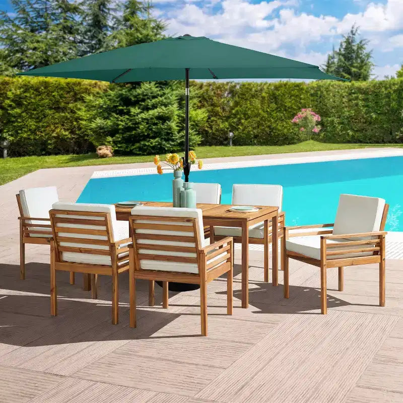 Set da pranzo da esterno Alaterre Furniture 8 pezzi, tavolo Okemo con ombrellone rettangolare da 3 m