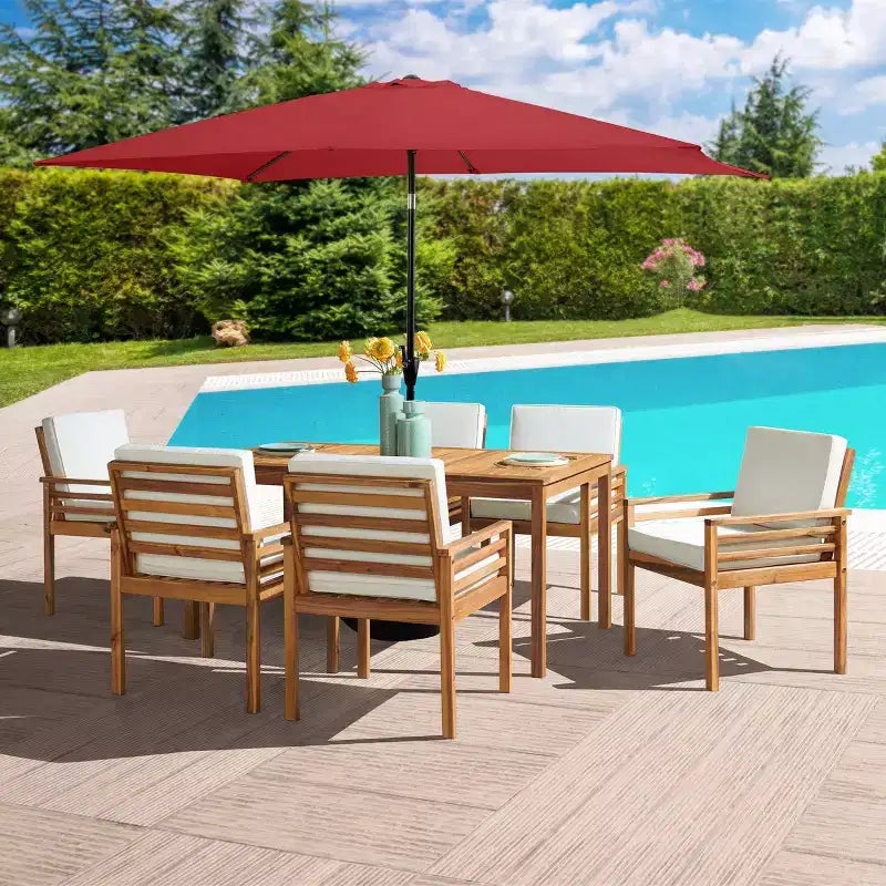 Set da pranzo da esterno Alaterre Furniture 8 pezzi, tavolo Okemo con ombrellone rettangolare da 3 m