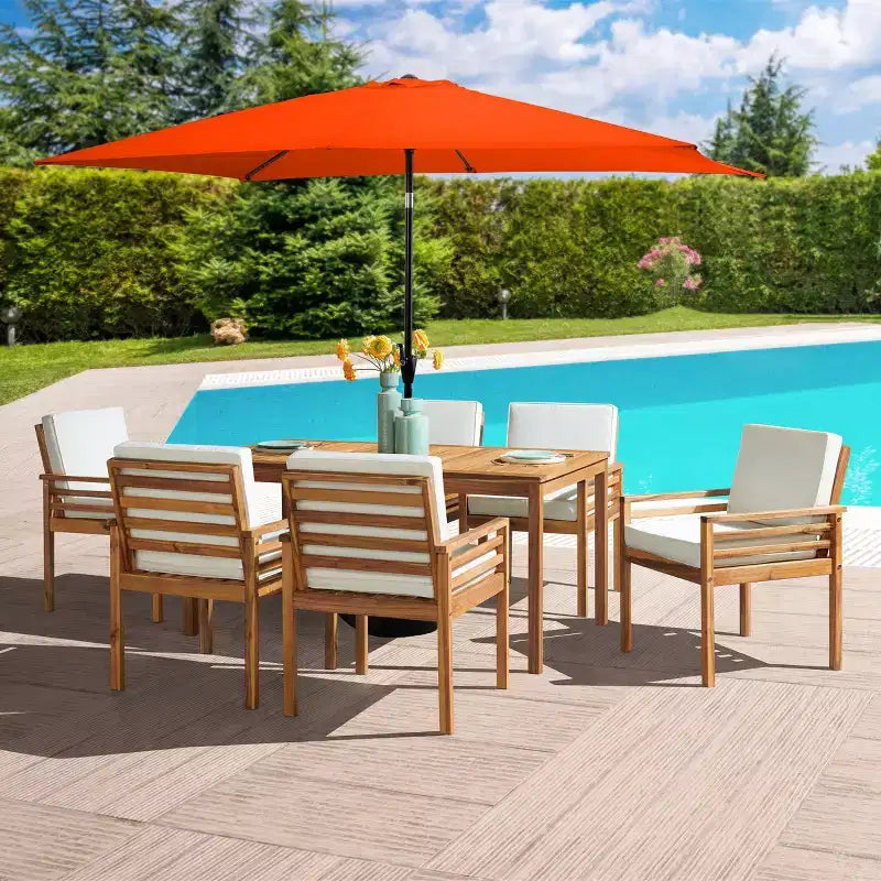 Set da pranzo da esterno Alaterre Furniture 8 pezzi, tavolo Okemo con ombrellone rettangolare da 3 m