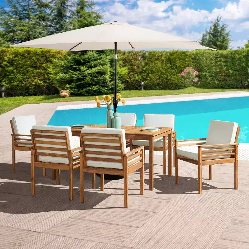 Set da pranzo da esterno Alaterre Furniture 8 pezzi, tavolo Okemo con ombrellone rettangolare da 3 m