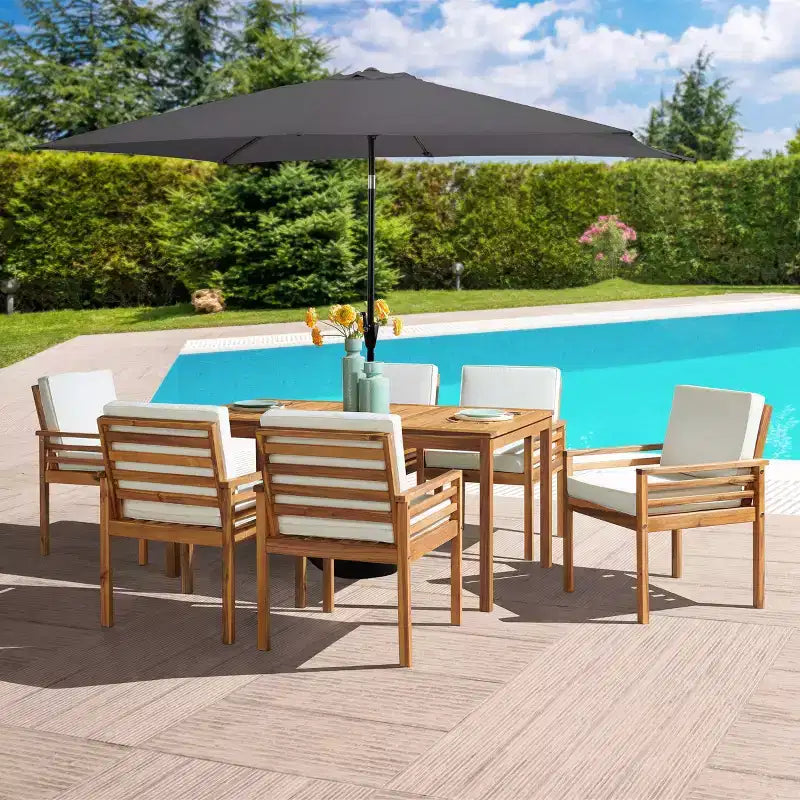 Set da pranzo da esterno Alaterre Furniture 8 pezzi, tavolo Okemo con ombrellone rettangolare da 3 m