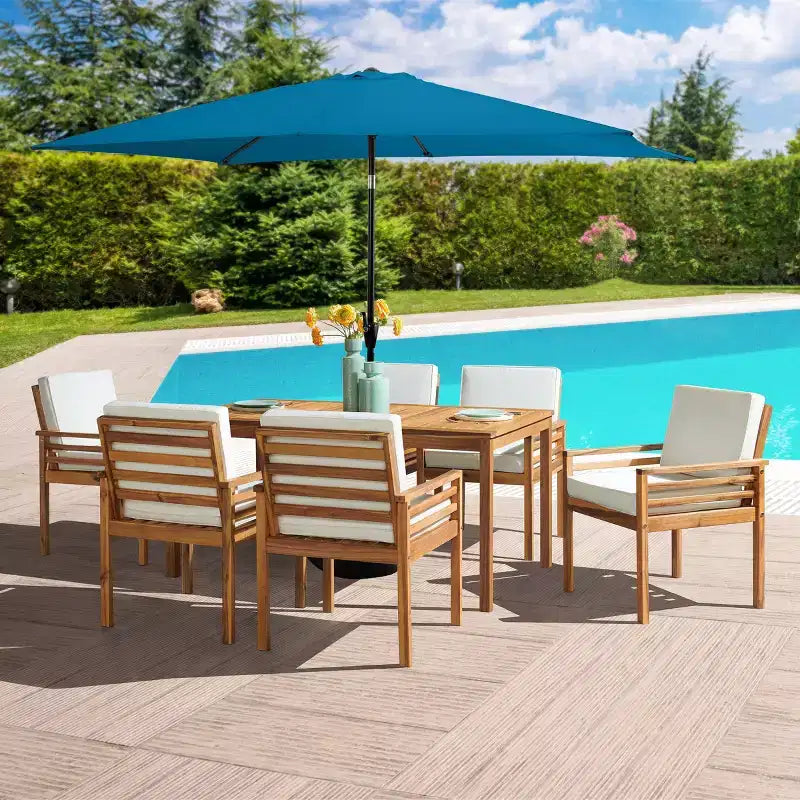 Set da pranzo da esterno Alaterre Furniture 8 pezzi, tavolo Okemo con ombrellone rettangolare da 3 m