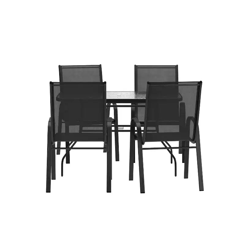 Set da tavolo da pranzo per esterni Merrick Lane da 5 pezzi per 4 persone con tavolo da patio con ripiano in vetro e 4 sedie impilabili con materiale Flex Comfort