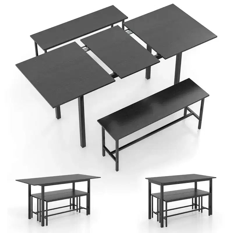 Costway Set da Pranzo 3 Pezzi per 4-6 Persone, Tavolo da Cucina da 160 cm con 2 Panche, Struttura in Metallo Nero/Noce