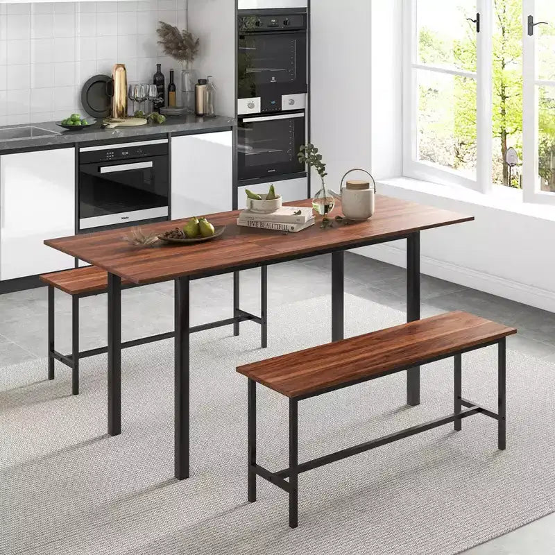 Costway Set da Pranzo 3 Pezzi per 4-6 Persone, Tavolo da Cucina da 160 cm con 2 Panche, Struttura in Metallo Nero/Noce