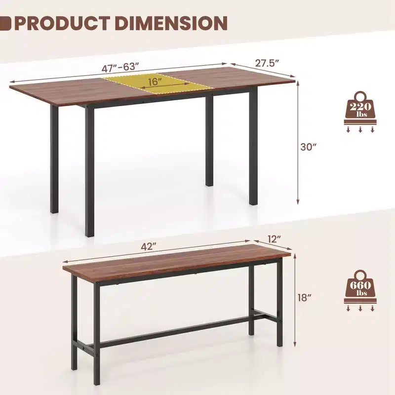 Costway Set da Pranzo 3 Pezzi per 4-6 Persone, Tavolo da Cucina da 160 cm con 2 Panche, Struttura in Metallo Nero/Noce