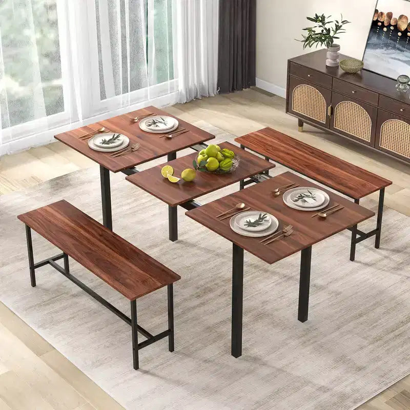 Costway Set da Pranzo 3 Pezzi per 4-6 Persone, Tavolo da Cucina da 160 cm con 2 Panche, Struttura in Metallo Nero/Noce