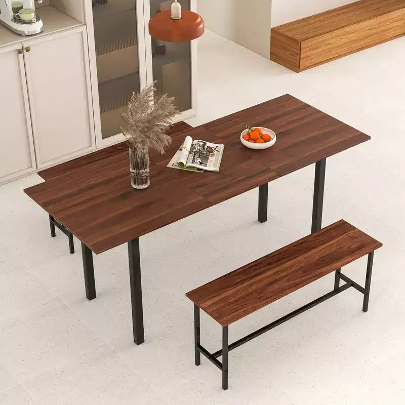 Costway Set da Pranzo 3 Pezzi per 4-6 Persone, Tavolo da Cucina da 160 cm con 2 Panche, Struttura in Metallo Nero/Noce