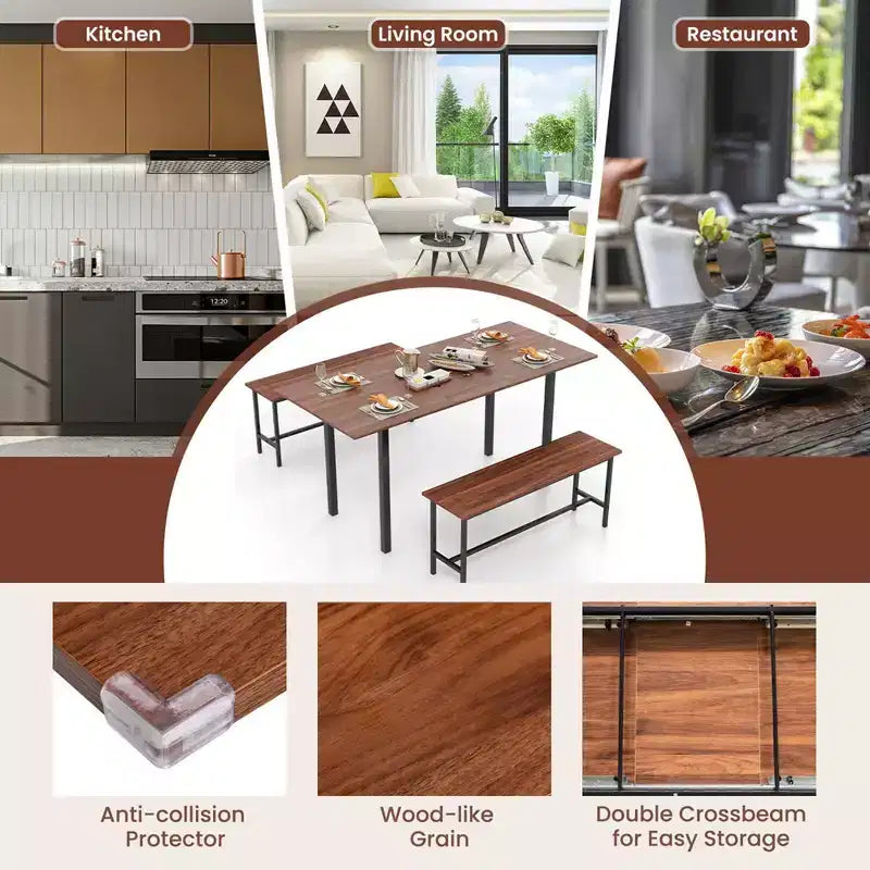 Costway Set da Pranzo 3 Pezzi per 4-6 Persone, Tavolo da Cucina da 160 cm con 2 Panche, Struttura in Metallo Nero/Noce