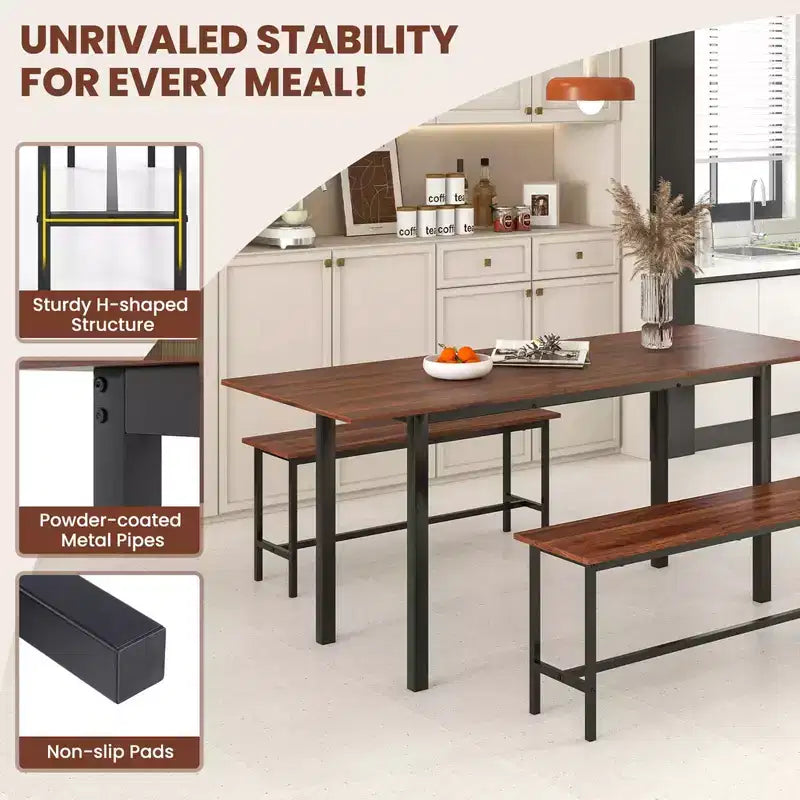 Costway Set da Pranzo 3 Pezzi per 4-6 Persone, Tavolo da Cucina da 160 cm con 2 Panche, Struttura in Metallo Nero/Noce