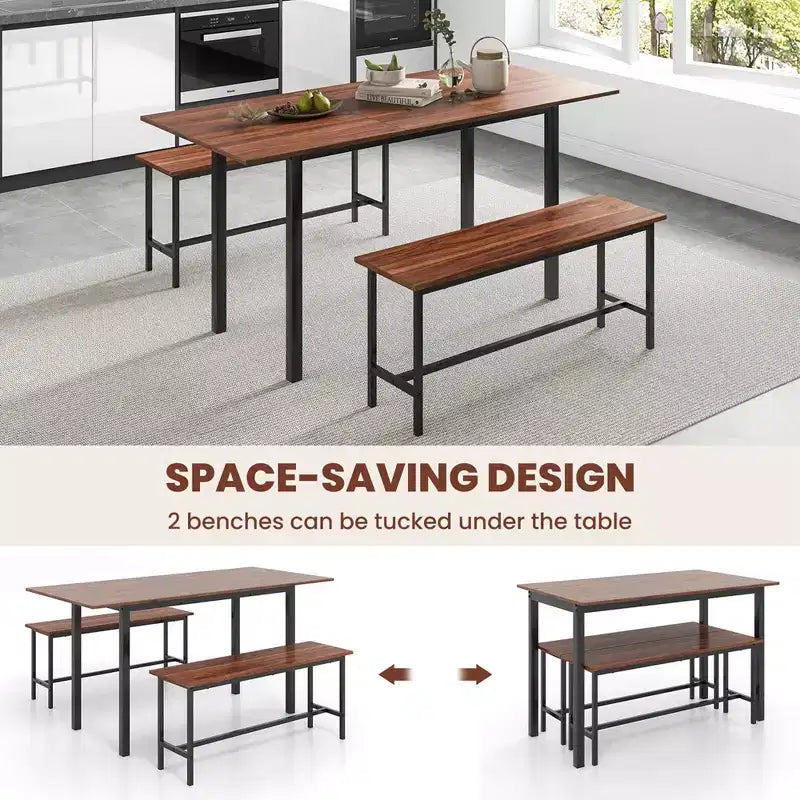 Costway Set da Pranzo 3 Pezzi per 4-6 Persone, Tavolo da Cucina da 160 cm con 2 Panche, Struttura in Metallo Nero/Noce