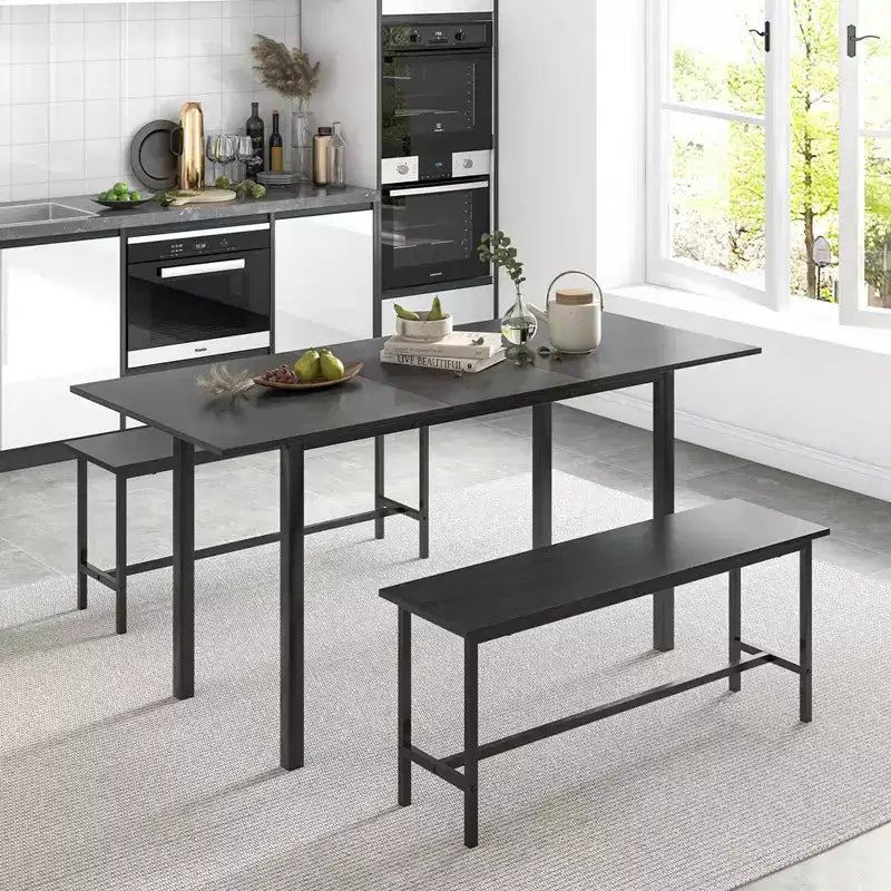 Costway Set da Pranzo 3 Pezzi per 4-6 Persone, Tavolo da Cucina da 160 cm con 2 Panche, Struttura in Metallo Nero/Noce