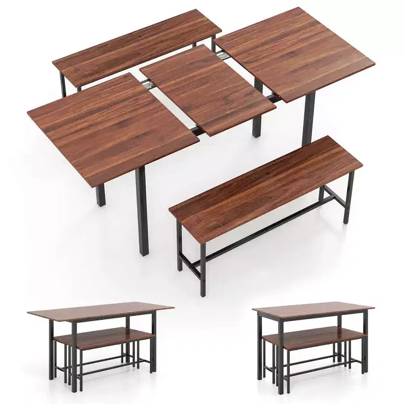 Costway Set da Pranzo 3 Pezzi per 4-6 Persone, Tavolo da Cucina da 160 cm con 2 Panche, Struttura in Metallo Nero/Noce