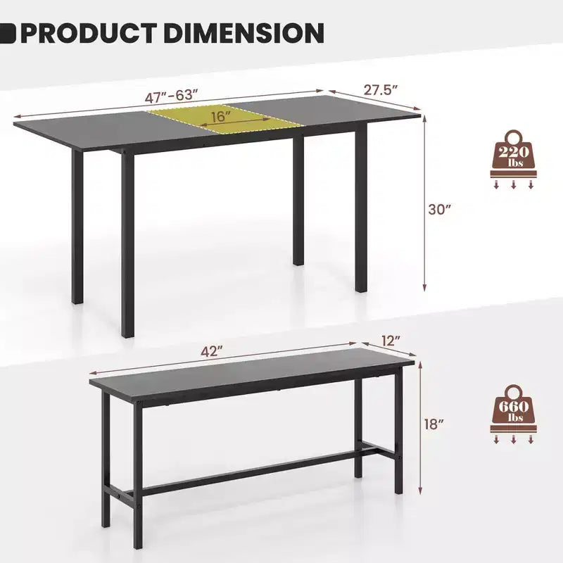 Costway Set da Pranzo 3 Pezzi per 4-6 Persone, Tavolo da Cucina da 160 cm con 2 Panche, Struttura in Metallo Nero/Noce