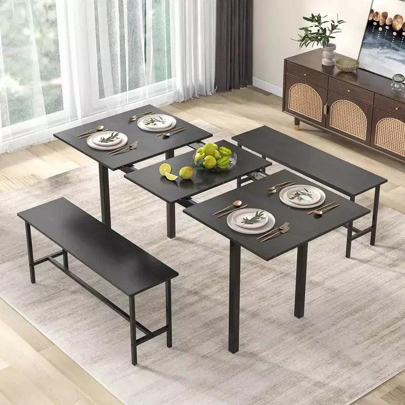 Costway Set da Pranzo 3 Pezzi per 4-6 Persone, Tavolo da Cucina da 160 cm con 2 Panche, Struttura in Metallo Nero/Noce