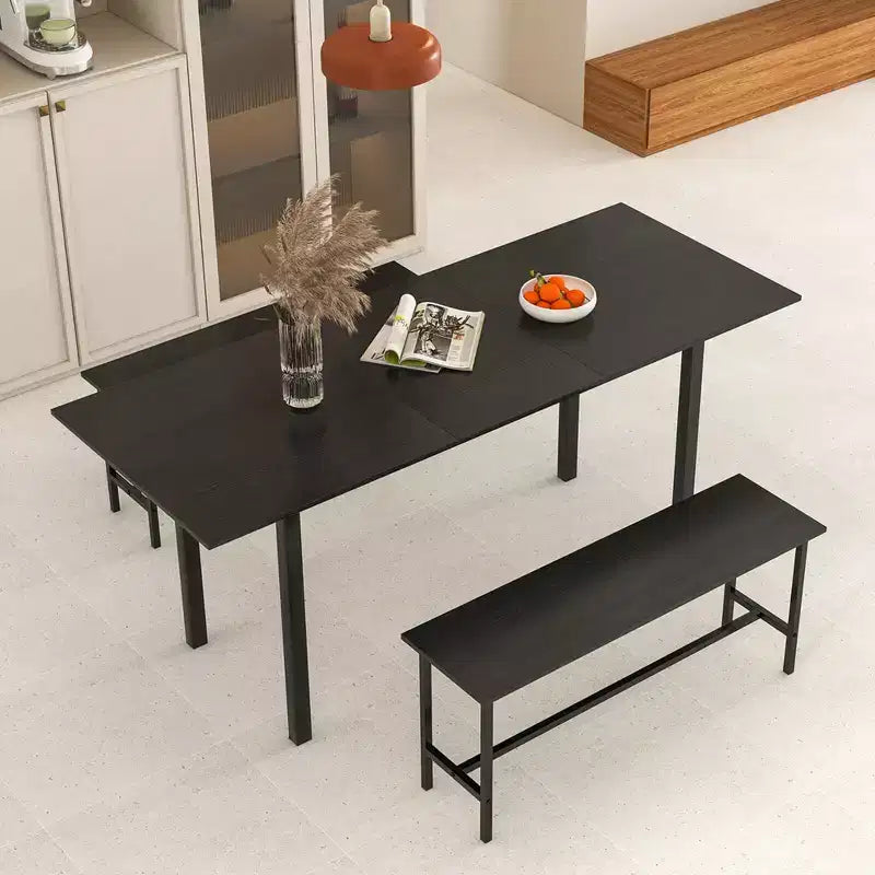 Costway Set da Pranzo 3 Pezzi per 4-6 Persone, Tavolo da Cucina da 160 cm con 2 Panche, Struttura in Metallo Nero/Noce