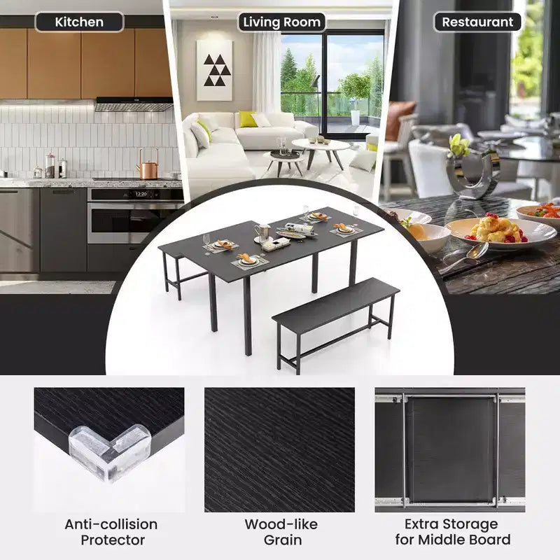 Costway Set da Pranzo 3 Pezzi per 4-6 Persone, Tavolo da Cucina da 160 cm con 2 Panche, Struttura in Metallo Nero/Noce