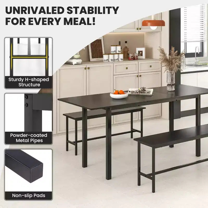 Costway Set da Pranzo 3 Pezzi per 4-6 Persone, Tavolo da Cucina da 160 cm con 2 Panche, Struttura in Metallo Nero/Noce