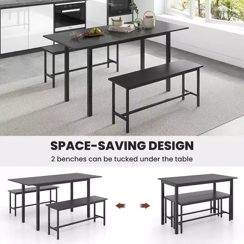 Costway Set da Pranzo 3 Pezzi per 4-6 Persone, Tavolo da Cucina da 160 cm con 2 Panche, Struttura in Metallo Nero/Noce
