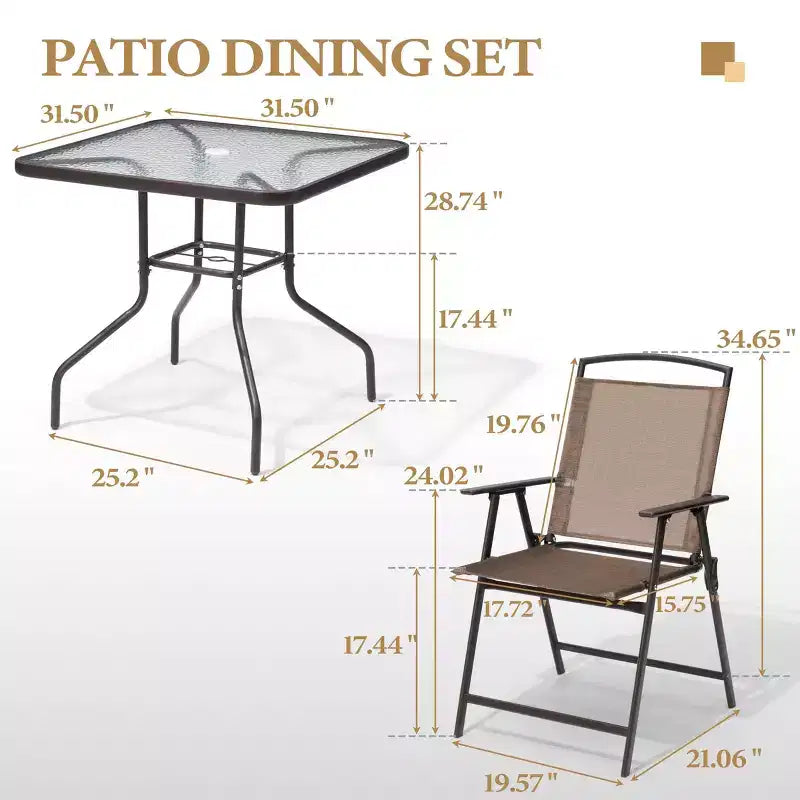 Crestlive Products Set da pranzo da esterno 5 pezzi con 4 sedie pieghevoli e tavolo Mobili da pranzo da esterno con piano in vetro quadrato