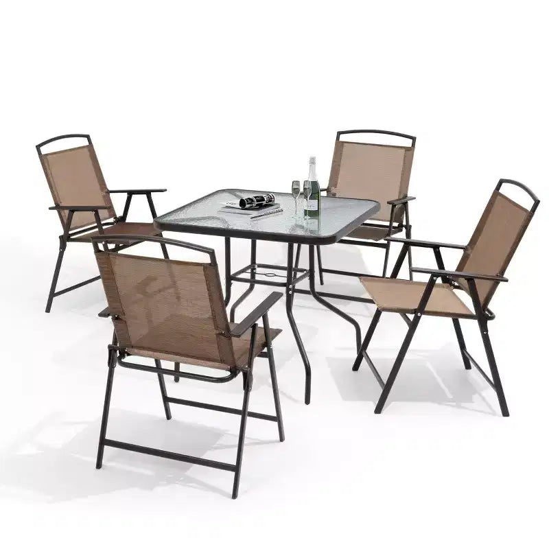 Crestlive Products Set da pranzo da esterno 5 pezzi con 4 sedie pieghevoli e tavolo Mobili da pranzo da esterno con piano in vetro quadrato