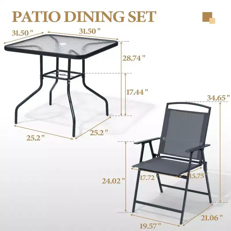Crestlive Products Set da pranzo da esterno 5 pezzi con 4 sedie pieghevoli e tavolo Mobili da pranzo da esterno con piano in vetro quadrato