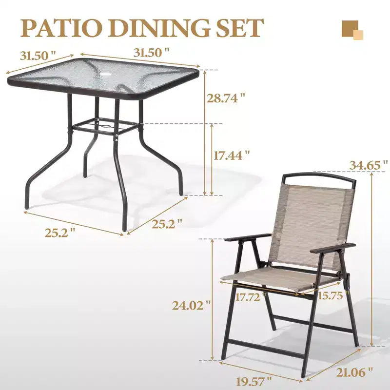 Crestlive Products Set da pranzo da esterno 5 pezzi con 4 sedie pieghevoli e tavolo Mobili da pranzo da esterno con piano in vetro quadrato