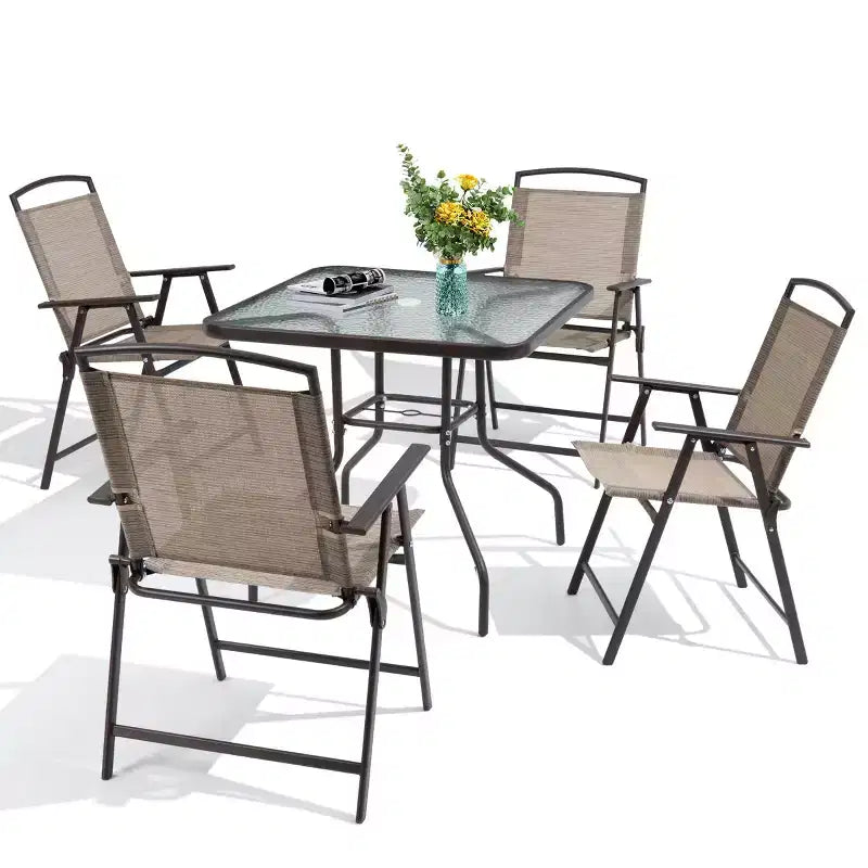 Crestlive Products Set da pranzo da esterno 5 pezzi con 4 sedie pieghevoli e tavolo Mobili da pranzo da esterno con piano in vetro quadrato