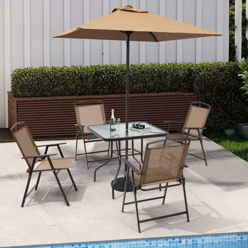 Crestlive Products Set da pranzo da patio 6 pezzi con 4 sedie pieghevoli, tavolo quadrato in vetro temperato e ombrellone