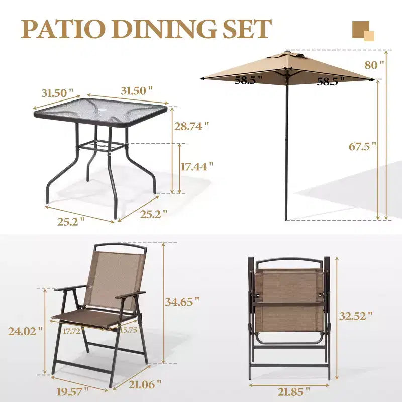 Crestlive Products Set da pranzo da patio 6 pezzi con 4 sedie pieghevoli, tavolo quadrato in vetro temperato e ombrellone