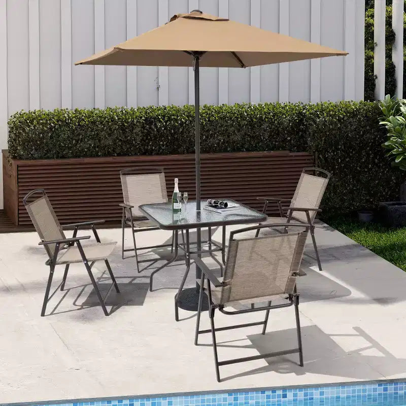 Crestlive Products Set da pranzo da patio 6 pezzi con 4 sedie pieghevoli, tavolo quadrato in vetro temperato e ombrellone