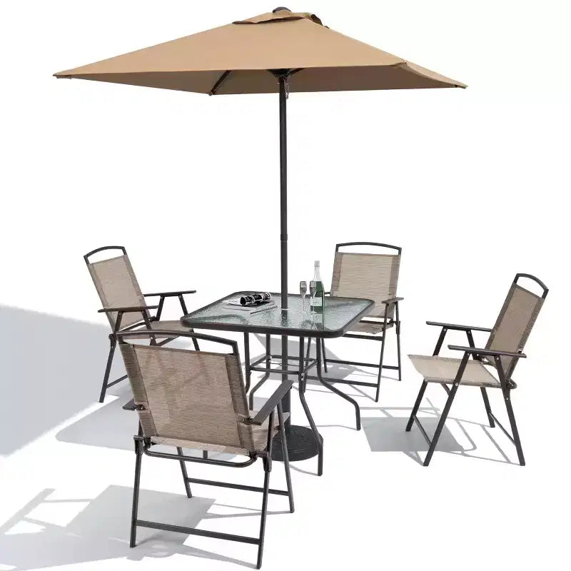 Crestlive Products Set da pranzo da patio 6 pezzi con 4 sedie pieghevoli, tavolo quadrato in vetro temperato e ombrellone