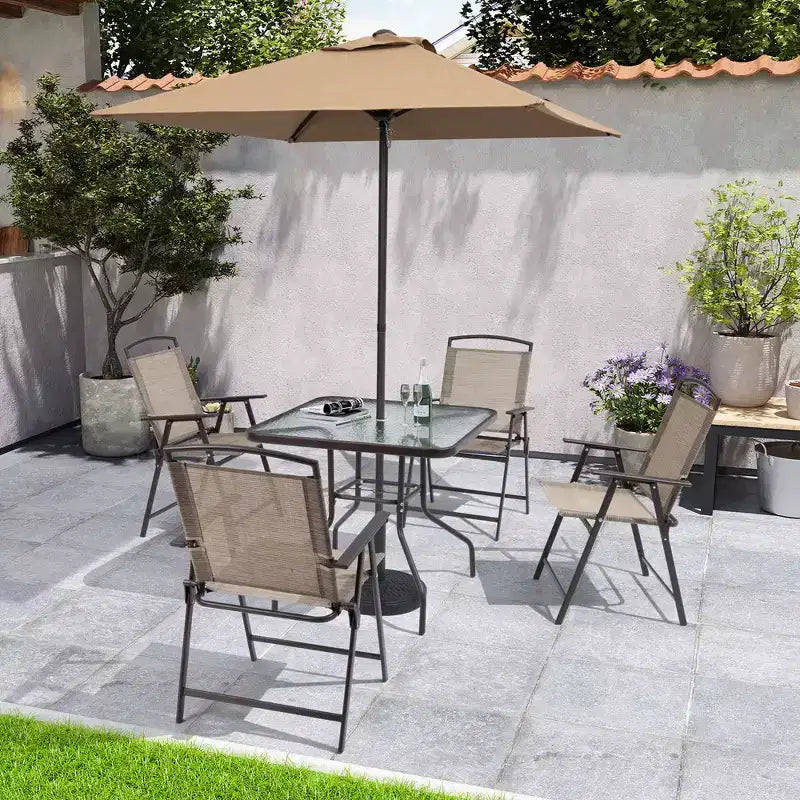 Crestlive Products 6 PCS Patio Dinning Set 4 Folding Chairs Square Tempered Glass Table and Umbrella Set