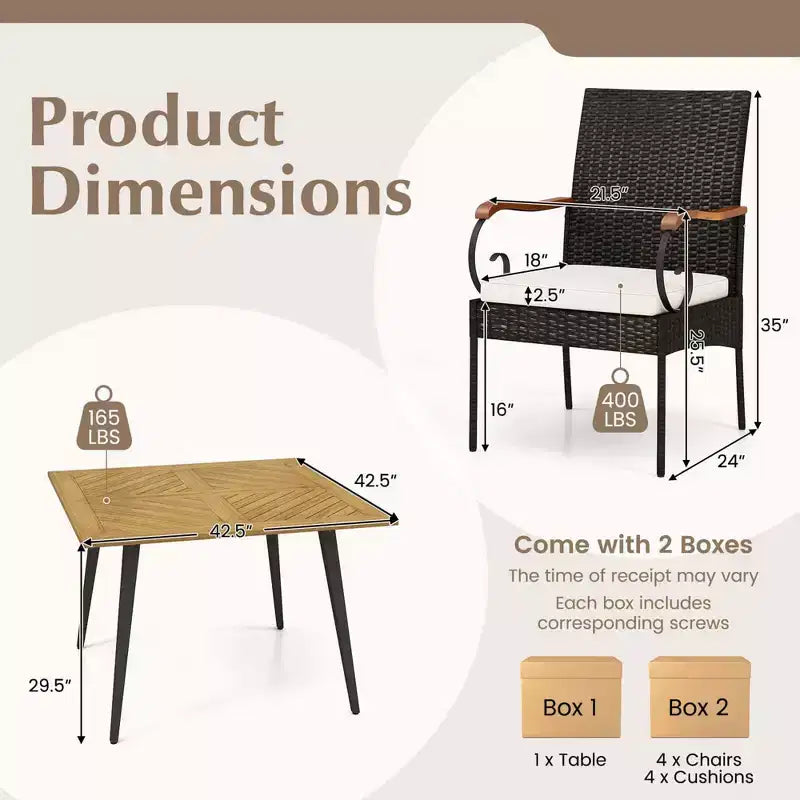 Set da pranzo Costway 5 pezzi in vimini PE per patio, tavolo e sedie con cuscini e foro per ombrellone da 1,9"