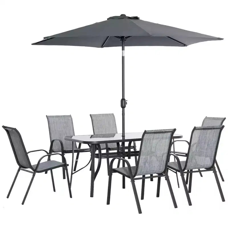 Outsunny Set di mobili da giardino da 8 pezzi con ombrellone, tavolo e sedie da pranzo per esterni, 6 sedie, parasole inclinabile con pulsante e manovella, piano in vetro
