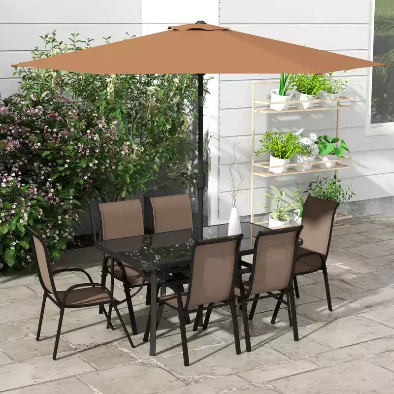 Outsunny Set di mobili da giardino da 8 pezzi con ombrellone, tavolo e sedie da pranzo per esterni, 6 sedie, parasole inclinabile con pulsante e manovella, piano in vetro