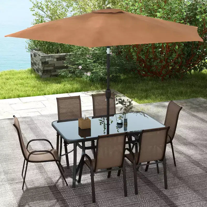 Outsunny Set di mobili da giardino da 8 pezzi con ombrellone, tavolo e sedie da pranzo per esterni, 6 sedie, parasole inclinabile con pulsante e manovella, piano in vetro