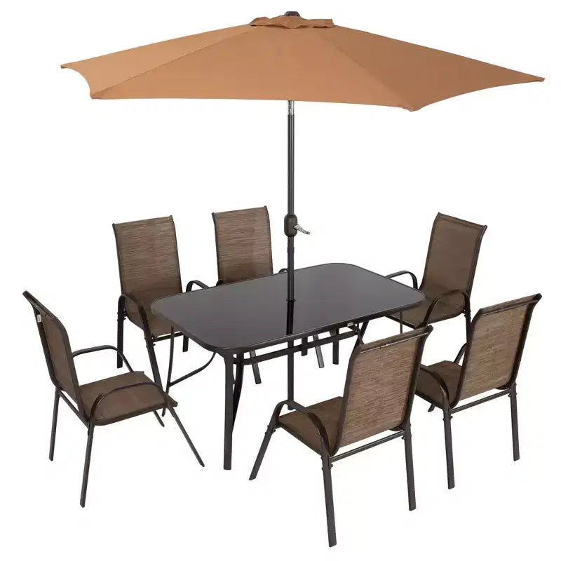 Outsunny Set di mobili da giardino da 8 pezzi con ombrellone, tavolo e sedie da pranzo per esterni, 6 sedie, parasole inclinabile con pulsante e manovella, piano in vetro