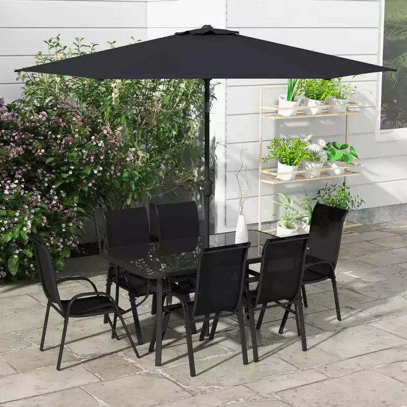 Outsunny Set di mobili da giardino da 8 pezzi con ombrellone, tavolo e sedie da pranzo per esterni, 6 sedie, parasole inclinabile con pulsante e manovella, piano in vetro