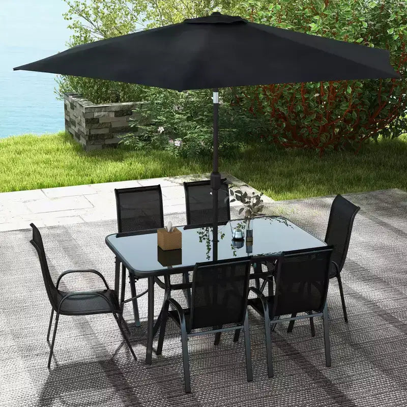 Outsunny Set di mobili da giardino da 8 pezzi con ombrellone, tavolo e sedie da pranzo per esterni, 6 sedie, parasole inclinabile con pulsante e manovella, piano in vetro