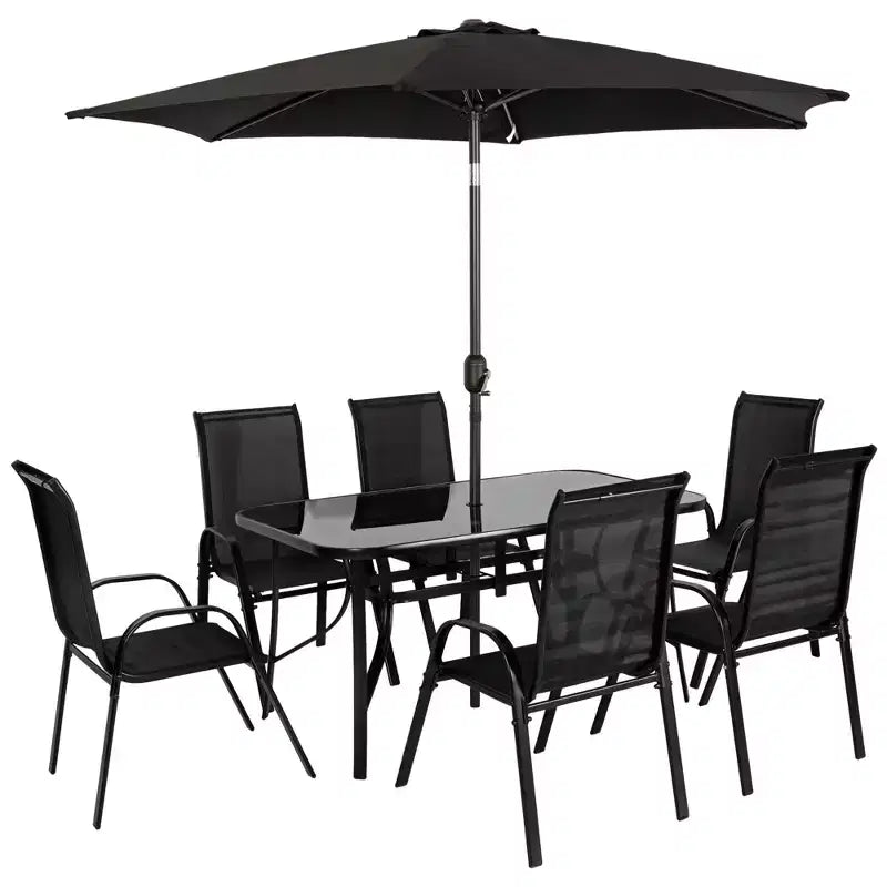 Outsunny Set di mobili da giardino da 8 pezzi con ombrellone, tavolo e sedie da pranzo per esterni, 6 sedie, parasole inclinabile con pulsante e manovella, piano in vetro