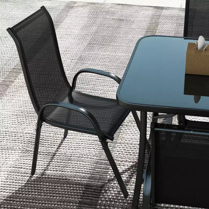 Outsunny Set di mobili da giardino da 8 pezzi con ombrellone, tavolo e sedie da pranzo per esterni, 6 sedie, parasole inclinabile con pulsante e manovella, piano in vetro