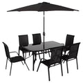 Outsunny 8 Piece Patio Furniture Set with Umbrella, Outdoor Dining Table and Chairs, 6 Chairs, Push Button Tilt and Crank Parasol, Glass Top