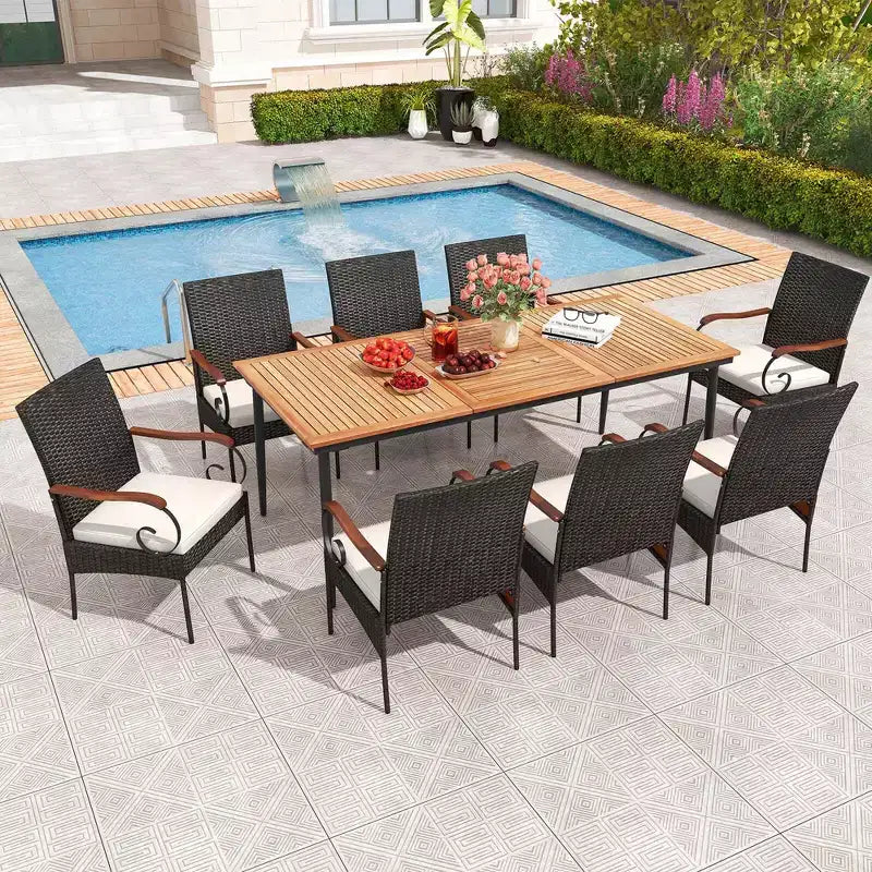 Costway 9 PCS Patio Dining Set with Acacia Wood Tabletop 1.9 Umbrella Hole Outdoor