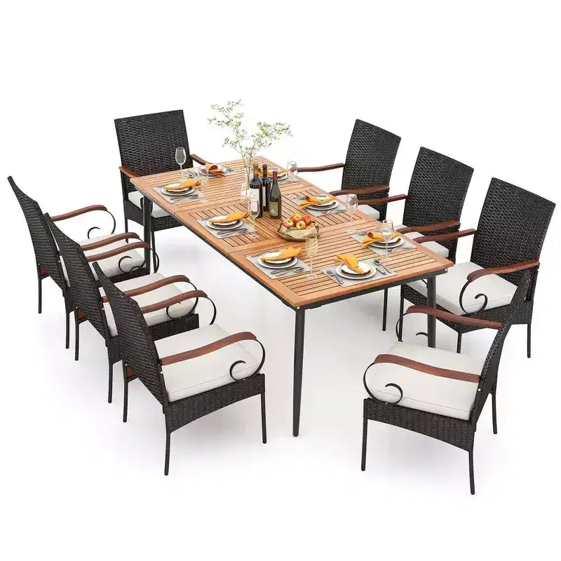Costway Set da Pranzo da Giardino 9 pz con Piano Tavolo in Legno di Acacia e Foro per Ombrellone da 1,9 Pollici