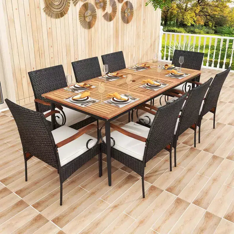 Costway Set da Pranzo da Giardino 9 pz con Piano Tavolo in Legno di Acacia e Foro per Ombrellone da 1,9 Pollici